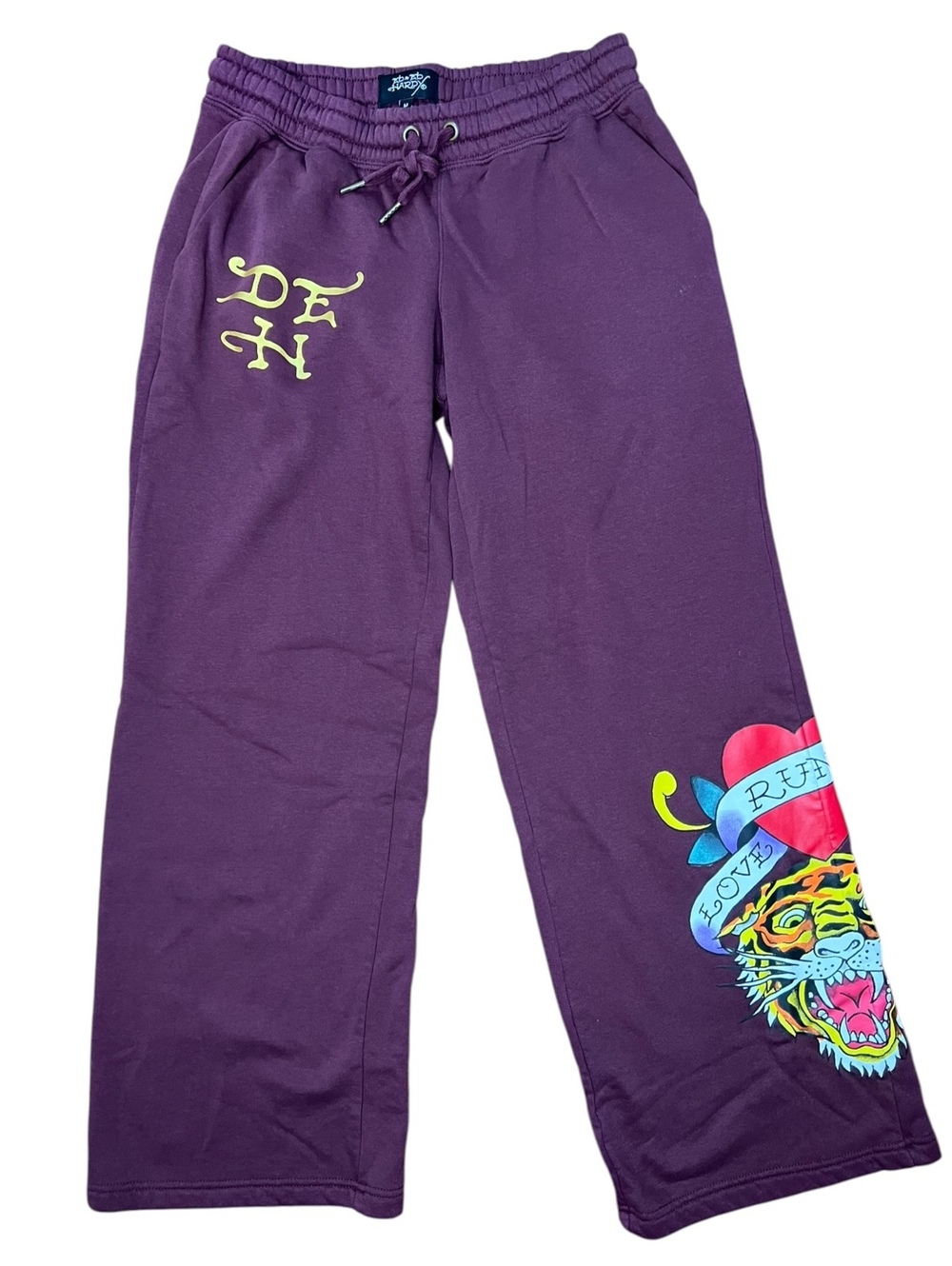Ed Hardy Women's M Maroon Sweatpants Tiger Heart Love Runs Wild Wide Leg Y2K